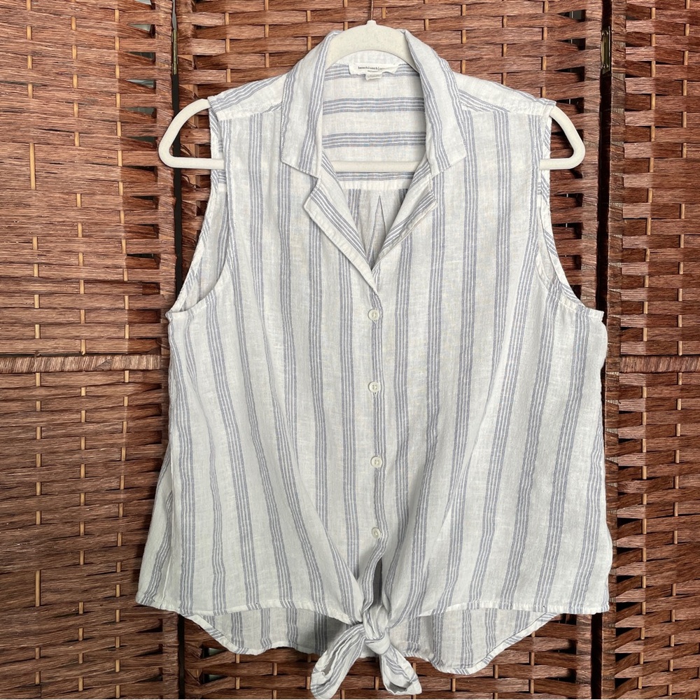 beachlunchlounge Sleeveless Button-Front Cotton Linen Top, Coastal Nautical L.